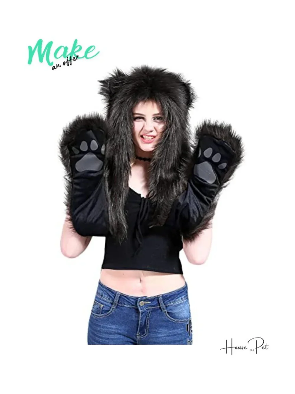 Faux Fur 3-in-1 Animal Hat Scarf Paw Gloves Set Winter Accessory